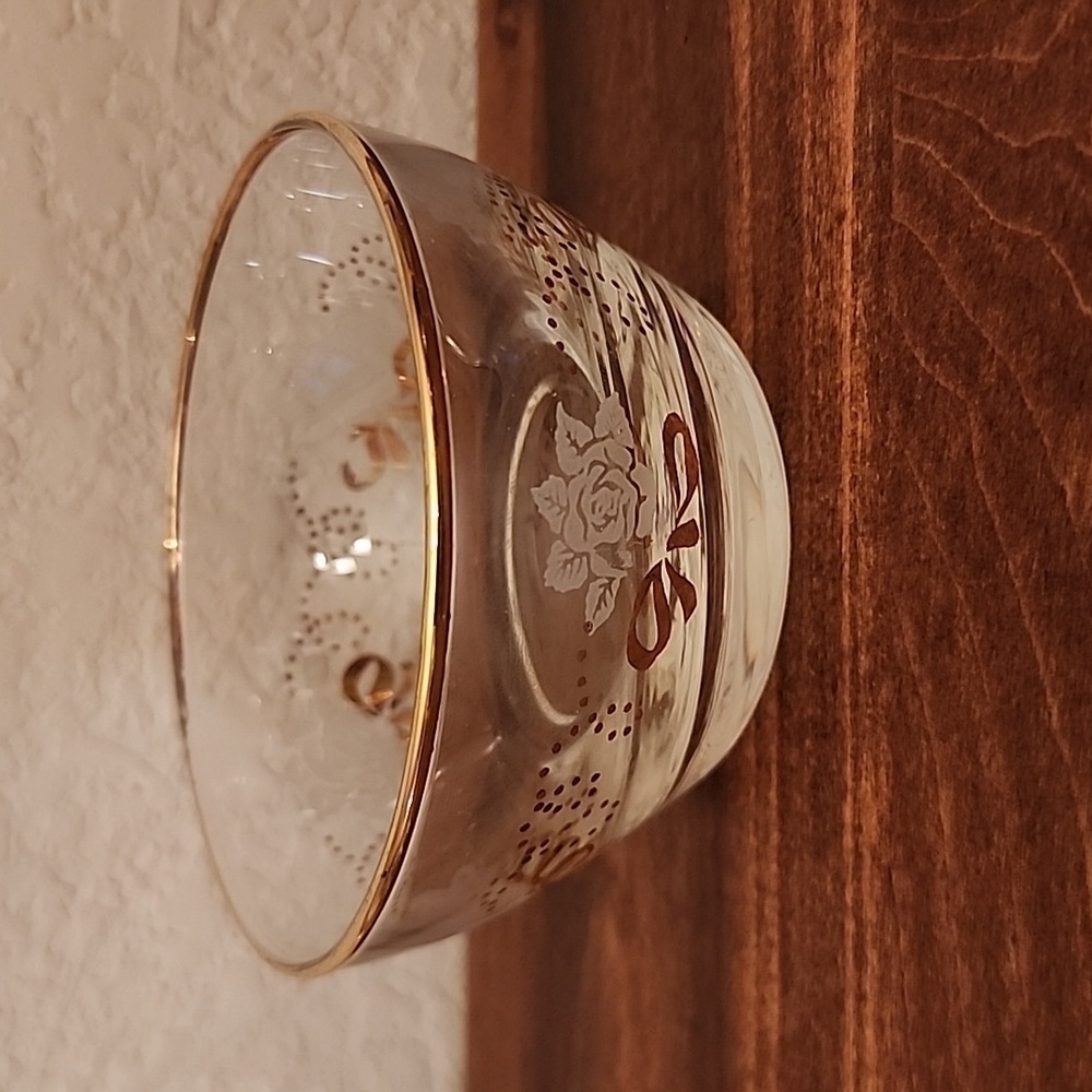 Libbey Glass Dessert Bowls with White Roses, Gold Bows & Gold Trim Set of 4 EUC